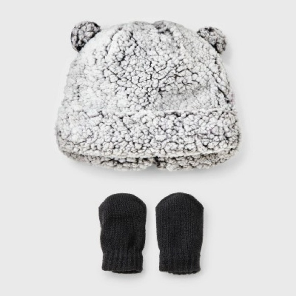 Cat & Jack NWT Sherpa Bear Ear Hat and Black Mittens size NB